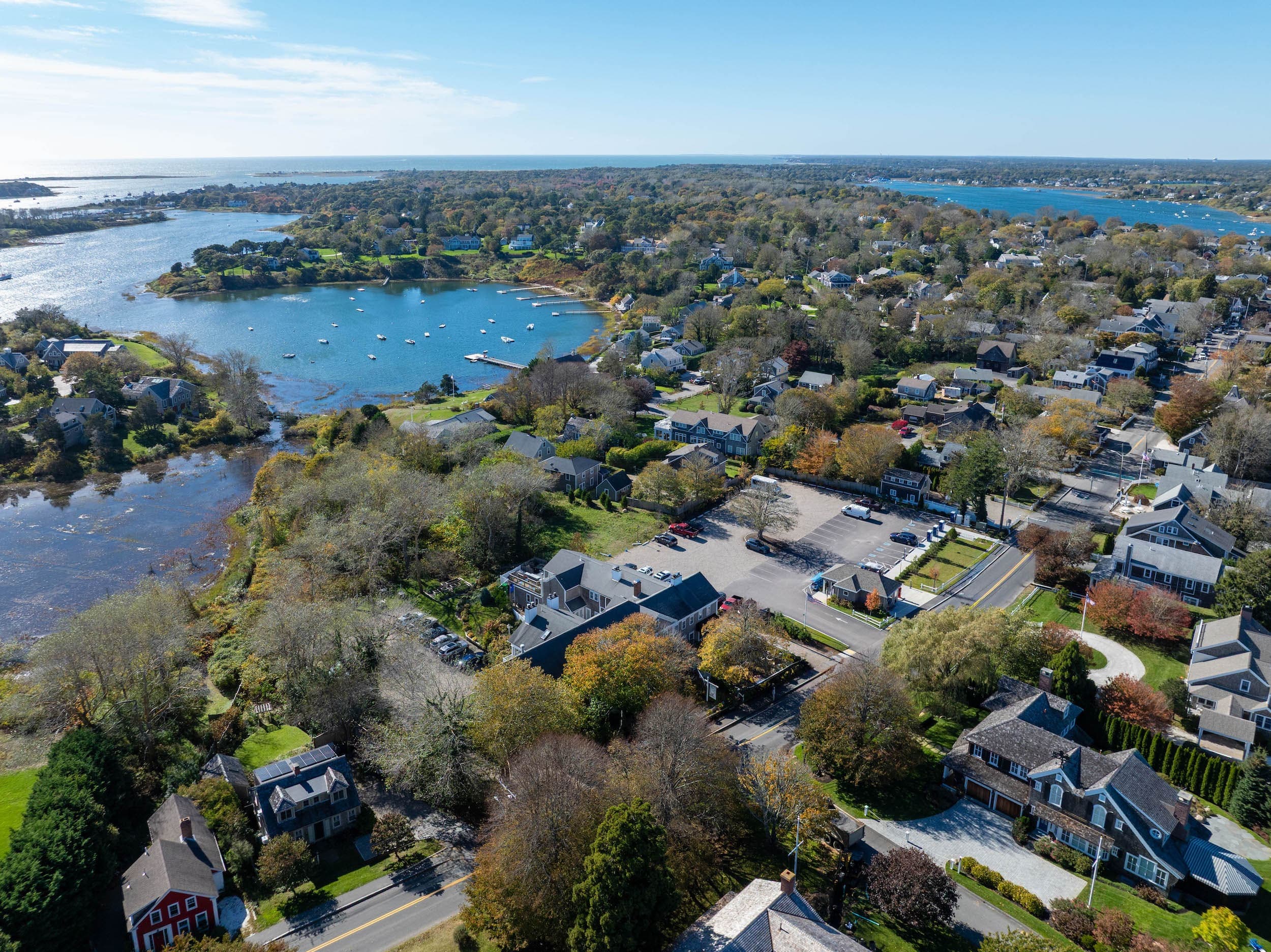 An aerial view of Cape Cod with a clear blue sky