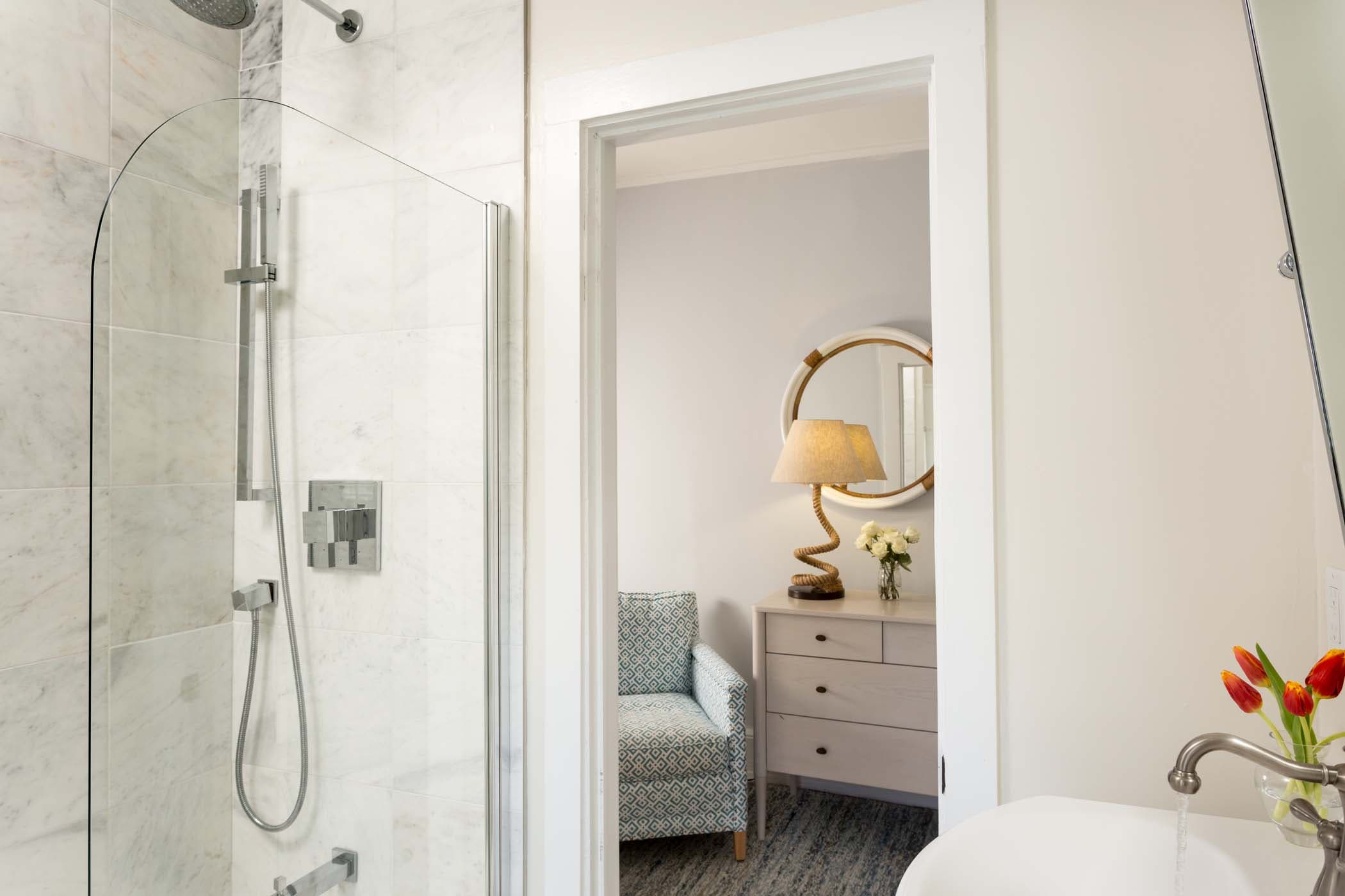 Thew view of the sitting area from the bathroom in room 15 at Chatham Inn