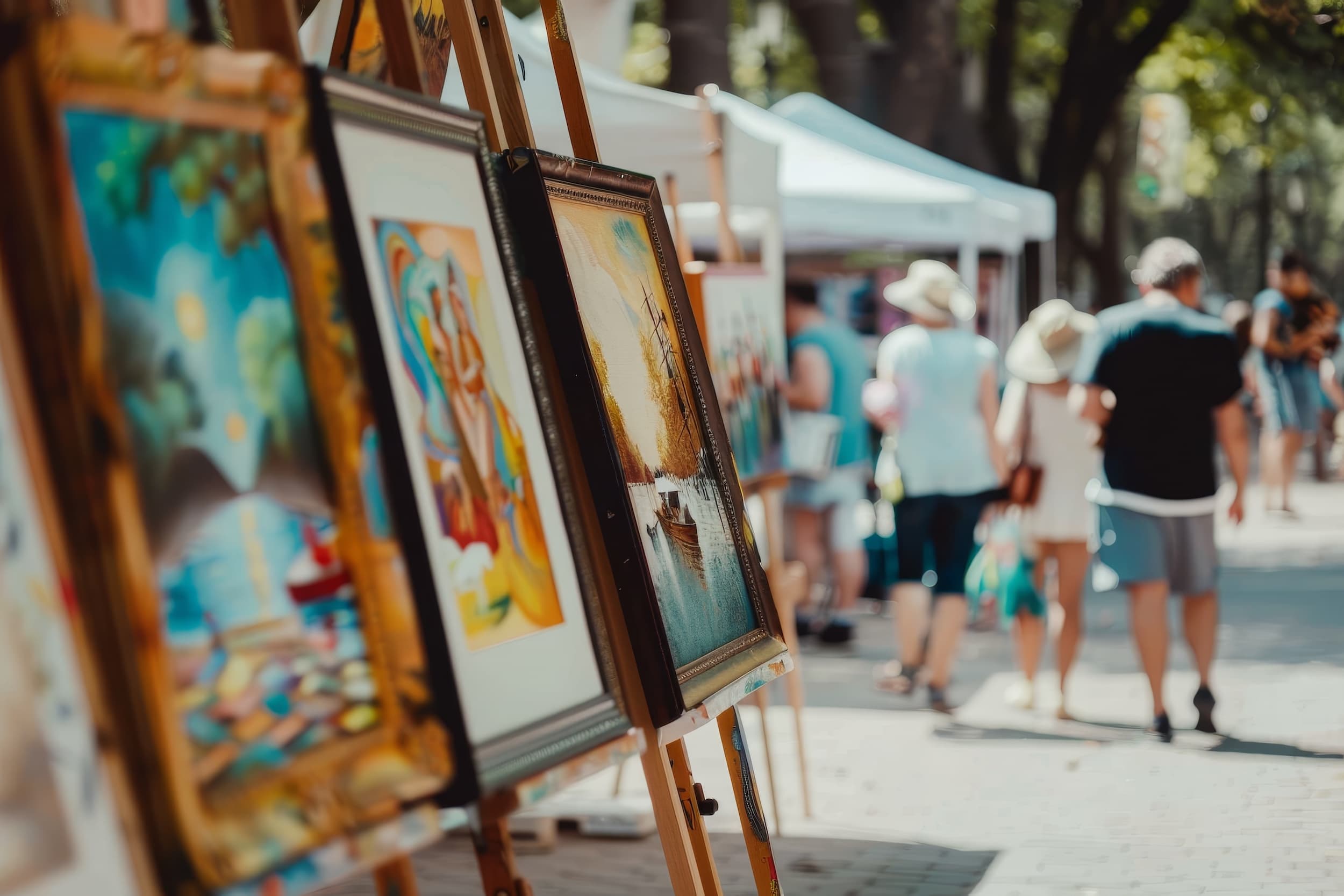 People enjoy artwork at an art festival in a downtown park in a blurry photo