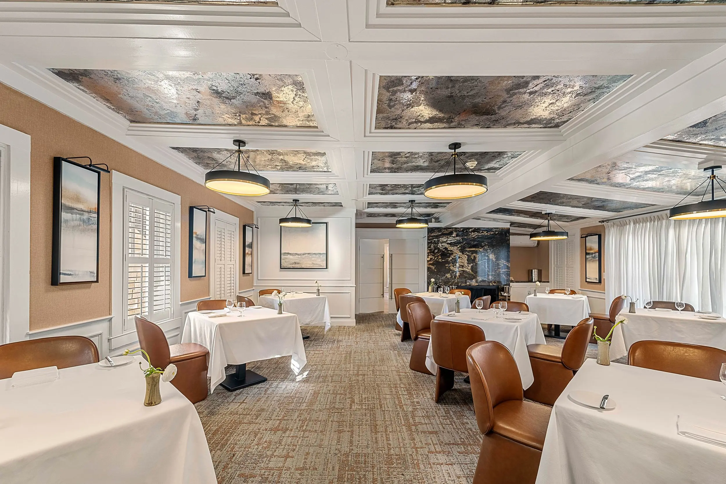 Cuvée restaurant dining room with coffered ceiling at Chatham Inn Relais & Châteaux, Cape Cod's luxury boutique hotel.