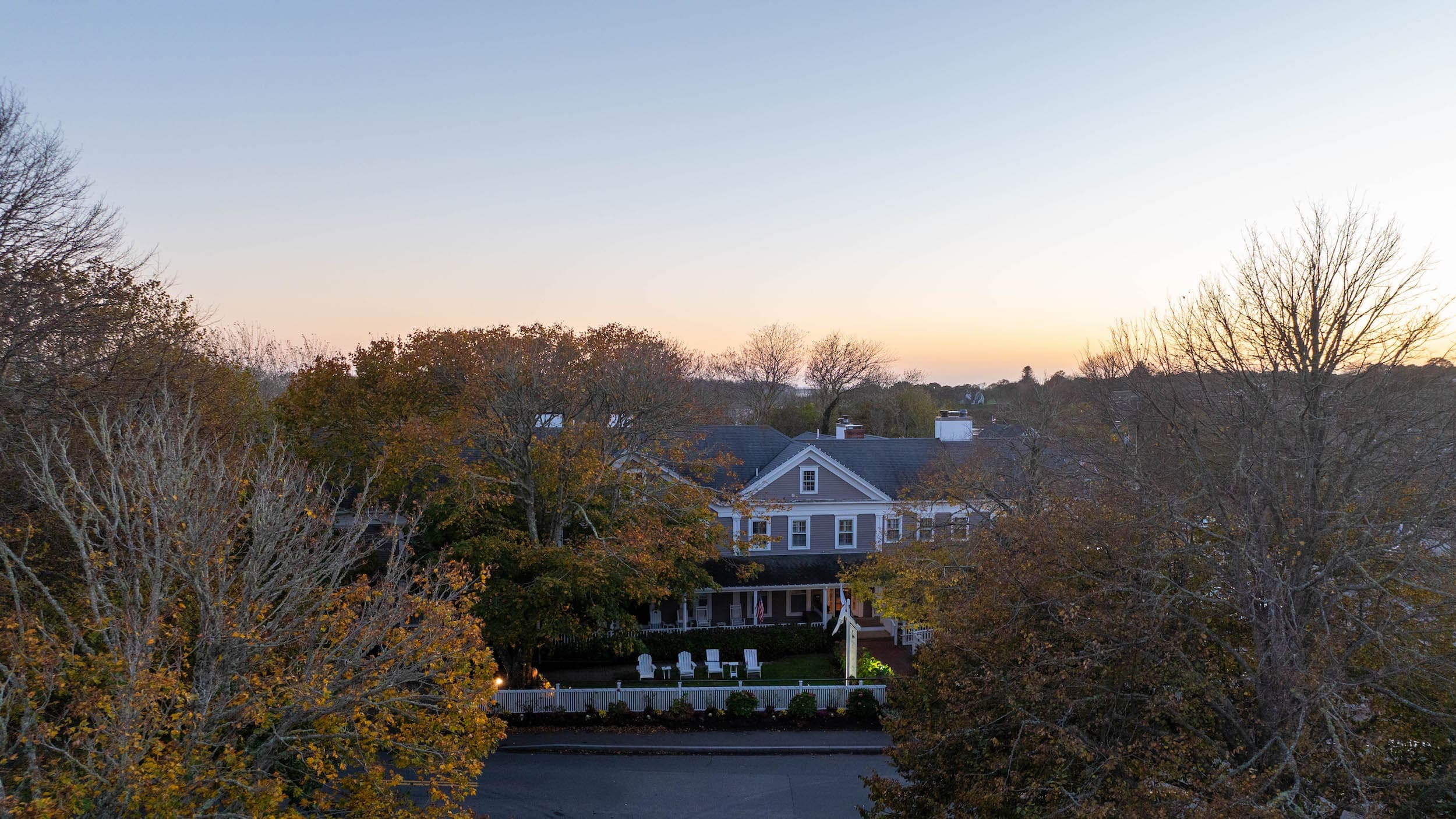 An exterior view of the Chatham in during sunset